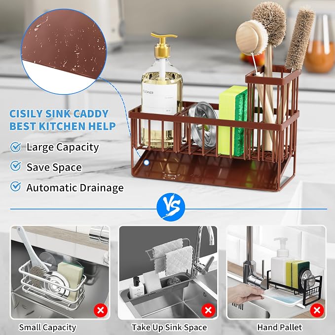 Cisily Kitchen Sink Caddy, Sponge Holder for Kitchen Sink, Kitchen Sink Organzier and Storage with High Brush Holder, Rustproof 304 Stainless Gadgets Sink Accessories(Brown)