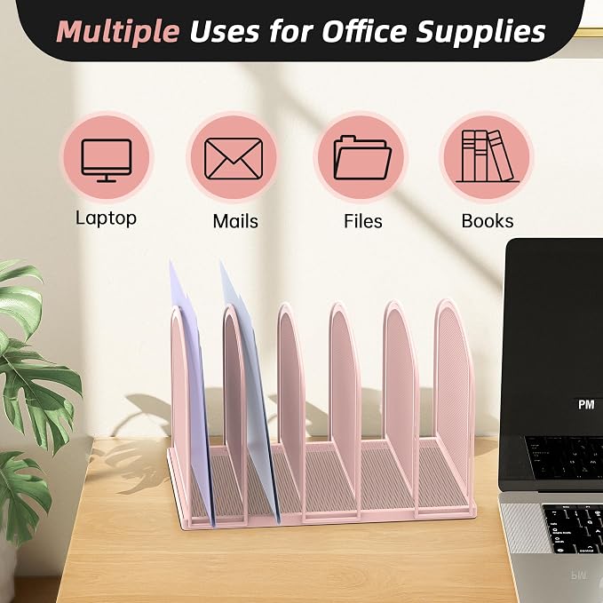 SUPEASY 5-Section File Organizer for Desk, Metal File Folder Holder, Pink | 5 Vertical Compartments with Sturdy Metal Base for Office Documents Books Magazines and Laptop