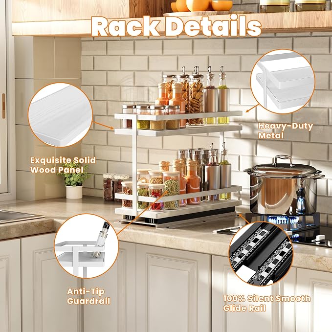 Pull Out Spice Rack 4Pcs Metal & Wood Seasoning Organizer White | No-Drill Install | Full-Extension Silent Glide | Each Tier Holds 10–12 Standard Spice Bottles | Rustproof, Wipe-Clean Surface