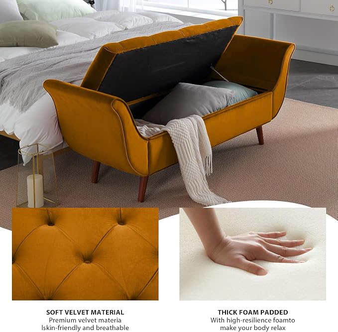Storage Bench for Bedroom End of Bed, Velvet Upholstered Rolled Armed Button Tufted Sofa Stool Bench, Storage Ottoman Couch Long Bench with Solid Wood Legs (Brown)