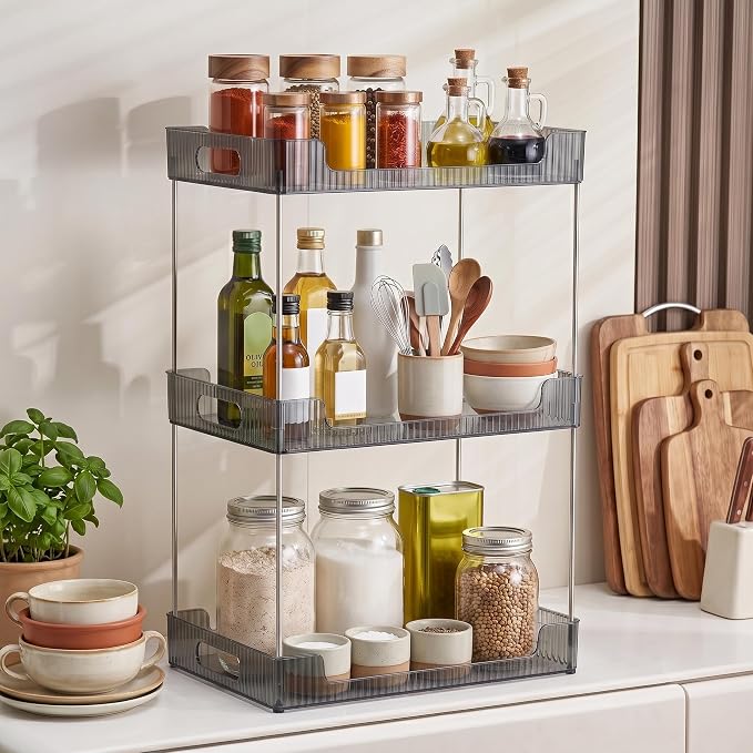 Goderewild 3-Tier Bathroom Counter Organizer, Multi-Purpose Cosmetics Skincare Shelf, Makeup Organizer for Vanity Tray, Countertop Storage Solution for Kitchen and Bath. (Smoky Gray)