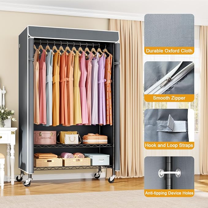 P6C Rolling Clothes Rack with Cover, 3-Tier Covered Clothing Rack | Portable Closets for Hanging Clothes, Heavy Duty Garment Rack on Wheels, Black Closet Rack with Gray Cover, Max Load 365LBS