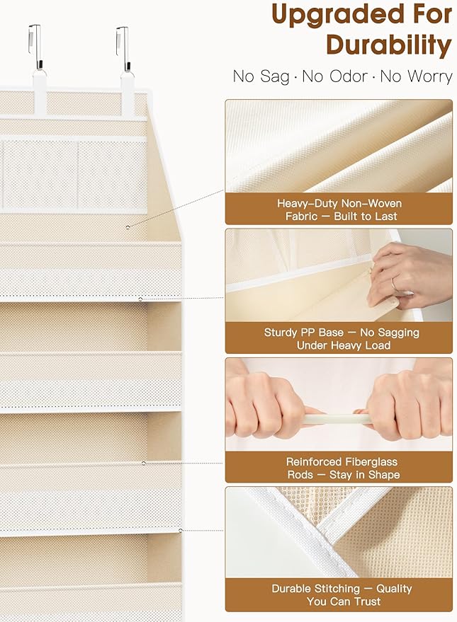 Criusia 2 Pack Over the Door Organizer, 6-Shelf Closet Hanging Storage with 13 Mesh Pockets, 55lbs Capacity Behind the Door Storage for Baby Nursery, Bathroom, Bedroom, and Dorm, Beige