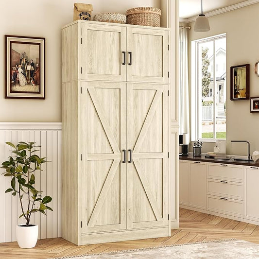 Unikito 71” Tall Pantry Storage Cabinet with Adjustable Shelves, Wash Gray | Large Farmhouse Kitchen Cabinet, Barn Doors, Sturdy and Deep, Versatile for Dinning Room, Living Room, Bathroom, Office