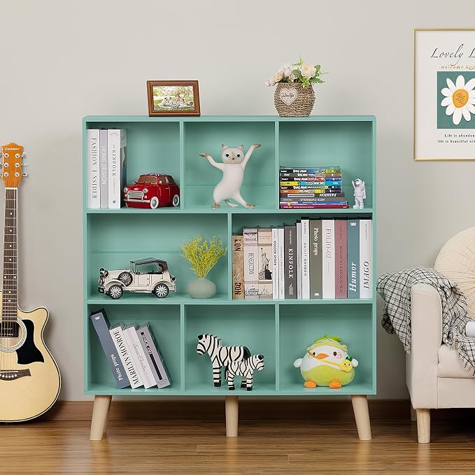 LEYAOYAO 8 Cube Bookshelf, Mid-Century Modern Book Shelf with Legs, Green | 3 Tier Bookcase, Rustic Wood Bookshelves Freestanding Large Storage Organizer, Open Shelves for Bedroom, Living Room, Office