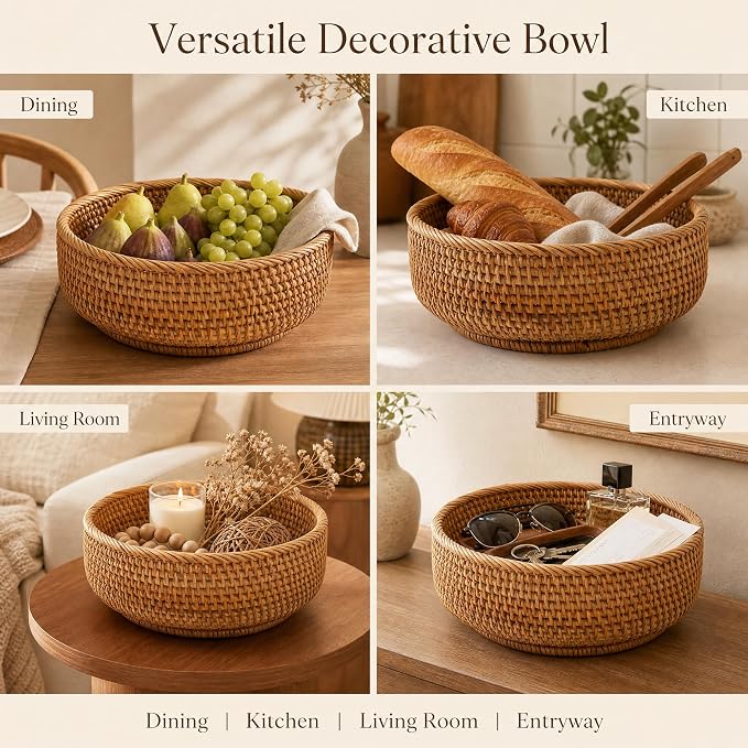 10.6" Large Round Rattan Bread Fruit Basket – Wicker Storage Basket Serving Bowl, Decorative Tabletop Food Basket for Kitchen Counters, Towel Organizer Dining Centerpieces Home Organization (L)