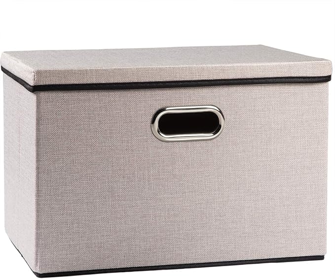 PRANDOM Large Foldable Storage Bin with Lid [1-Pack] Linen Fabric Decorative Storage Box Organizer Container Basket Cube with Handles Divider for Closet Office Living Room Light Grey(17.7x11.8x11.8)