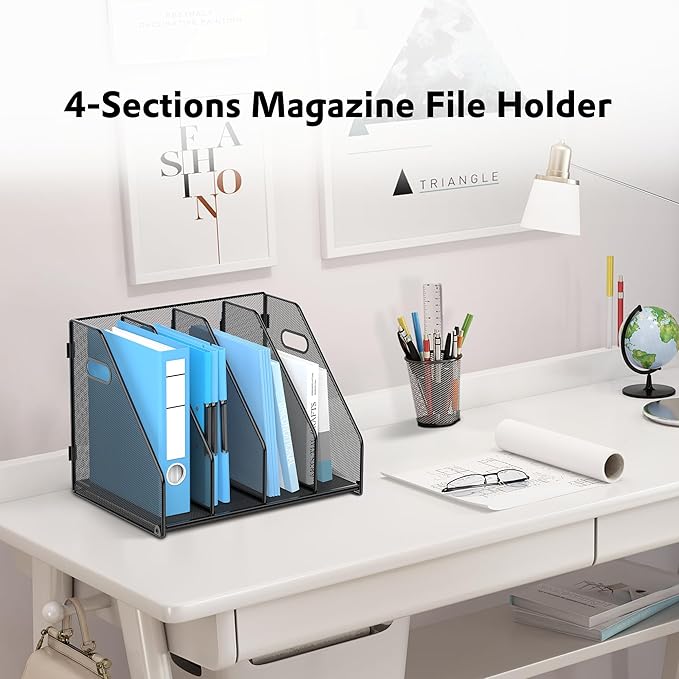 SUPEASY Binder Organizer, Magazine File Holder with 4 Vertical Rack, Black | Metal Desk File Organizer & Binder Holders, Magazine Organizers for Office Desktop, Home, School, Classroom