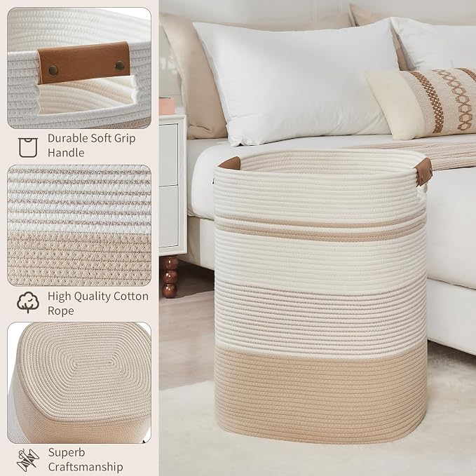 AINUOQI Laundry Basket with Handles - Blanket Basket & Hampers for Bedroom Aesthetic, Laundry Hamper & Blanket Storage for Living Room, Clothes Hamper, Tall, Large 17" x 14" x 22”, Off-white