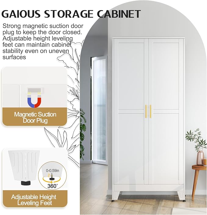 GAIOUS 71" Tall Metal Storage Cabinet with 2 Doors and 4 Adjustable Shelves, Kitchen Pantry Cabinet White Freestanding Cupboard, 5 Tier Multifunctional Steel Storage for Office, Kitchen, Dining Room