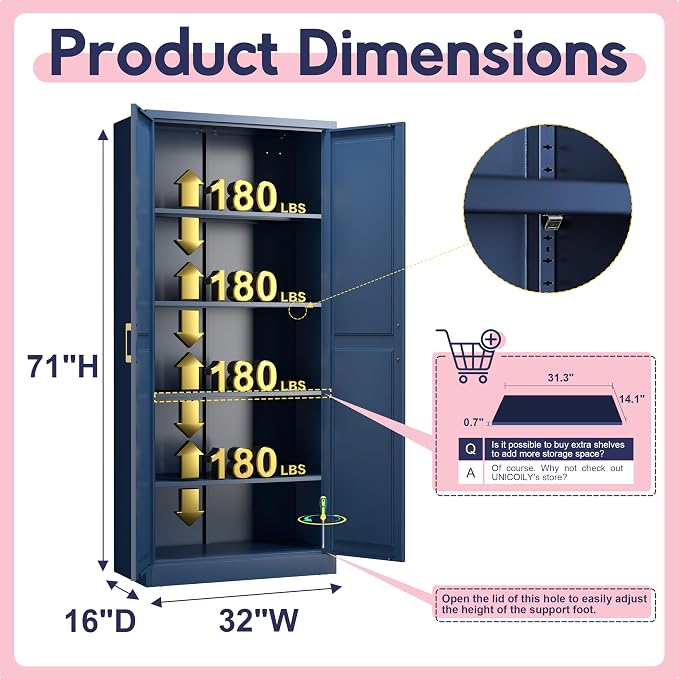 UNICOLY 71" Kitchen Pantry Cabinet, Metal Pantry Storage Cabinet with Doors | Tall Storage Cabinet with 4 Shelves, Storage Cabinets for Kitchens, Living Room, Dinning Room, Assembly Required，Blue