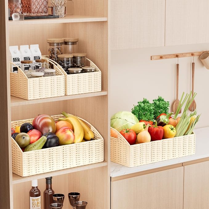 Pantry Baskets for Organizing, Wicker Storage Basket Beige | Handwoven Pantry Organizers and Storage with Built-in Handles, Laundryroom Organization Storage Bins for Snack Cans
