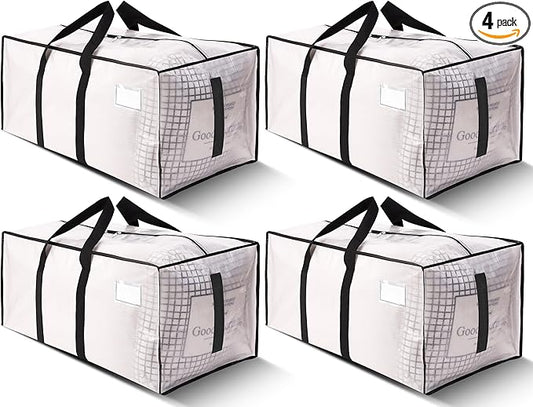 HOMESURE Supports 200lbs Heavy Duty Moving Bags - Strong Zipper & Wrap-Around Handles - Water-Resistant Storage Totes, Durable Alternative to Moving Boxes - 4 Pack - Semi-Transparent