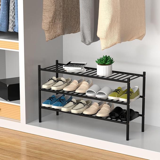 ROMGUAR CRAFT 3-Tier Bamboo Long Shoe Rack, Free Standing Wood Shoe Shelf Storage Organizer for Closet Entryway Stackable 35"x11"x20" (Black)