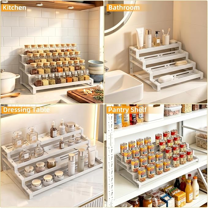 Spice Rack Organizer for Cabinet, 13-21.5" Expandable Spicy Shelf | 11.6" Wide 4-Tier White Metal Seasoning Organizer, Kitchen Spice Organization, Slip-Resistant Guardrails for Jars and Cans
