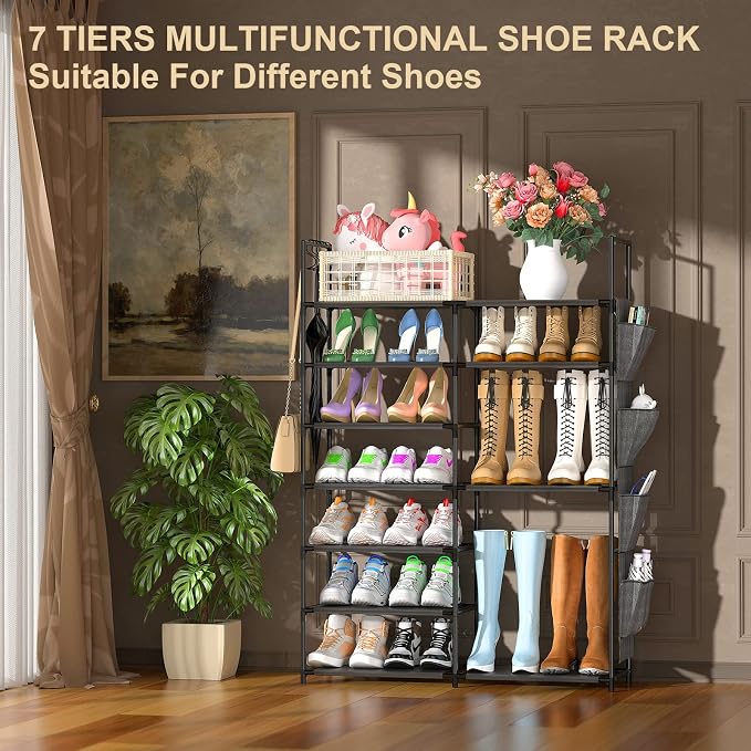 Kottwca 7 Tiers Shoe Rack Metal Shoe Organizer for Entryway Closet, 24-28 Pairs Stackable Shoe and Boots Shelf Storage Cabinet with Hooks and Side Hanging Pockets for Bedroom, Garage, Black