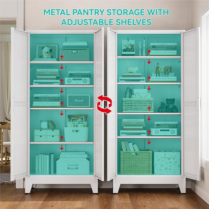Metal Storage Cabinet with Doors and Adjustable Shelves | 71" Tall Pantry Cabinet for Kitchen Dining Room Bathroom Garage,White,1 Pce