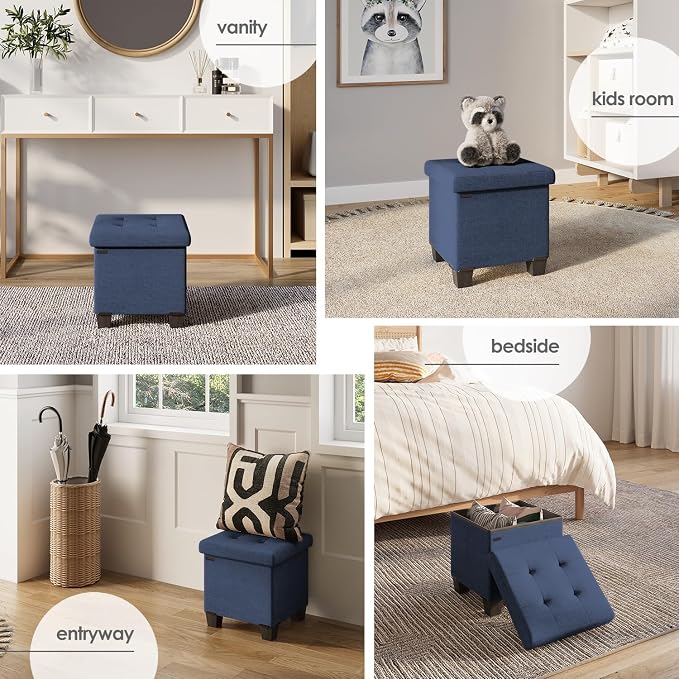Storage Ottoman Cube with Small Bin, 15-in Square Ottoman with Storage for Living Room and Bedroom, Small Ottomans Foot Rest, Fabric Foot Stools Ottomans Max 330lbs, Blue