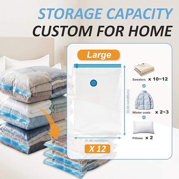 Cozy Essential Vacuum Storage Bags, 80% Compression Vacuum Seal Space Saver Plastic Packaging Bags for Clothes, Blankets, Pillow, Bedding, Comforters, Sealer Clothing Storage,12 Large