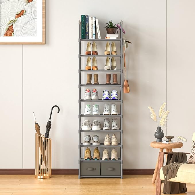 Shoe Rack Sturdy Metal 10 Tier Shoes Rack Organizer + 2Boxes 1Hook | Narrow Space Saving Shoe Storage Shelf for Closets, Tall Shoe Stand for Entryway, Living Room