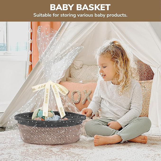 CHICVITA Small Wicker Basket with Bags & Ribbon for Gifts, Black & Jute | 12"x 8"x 5" Gift Basket Empty to Fill for Toys Snacks, Rope Baskets for Storage, Cute Basket for Dogs Cats