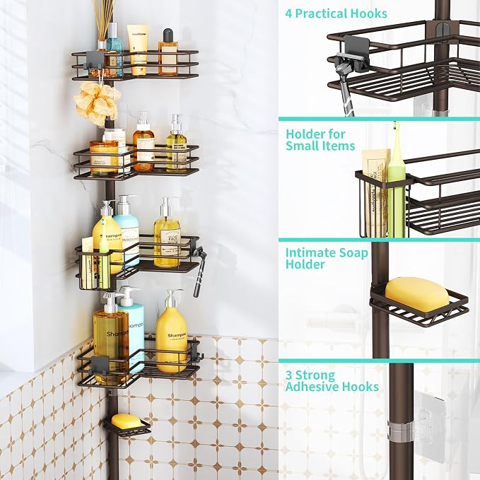 HapiRm Corner Shower Caddy Organizer - Shower Organizer Corner with Soap Holder, Toothbrush Holder and 4 Hooks, Rustproof Bathroom Shelf Tension Pole Available for 27.6 to 108.3 Inch - Bronze