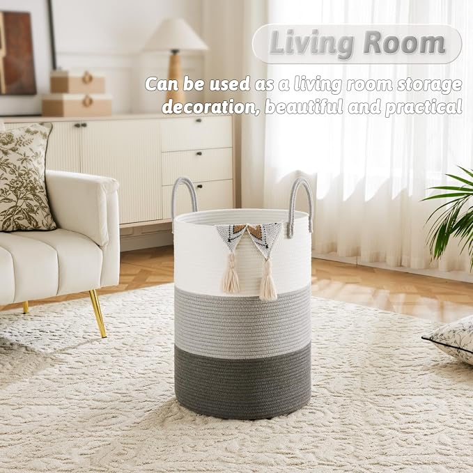 Artfeel Laundry Basket,Woven Cotton Rope Laundry Hamper,80L for Decorative Storage of Dirty Clothes,Toys and Blankets in Bathroom,Bedroom and Living Room