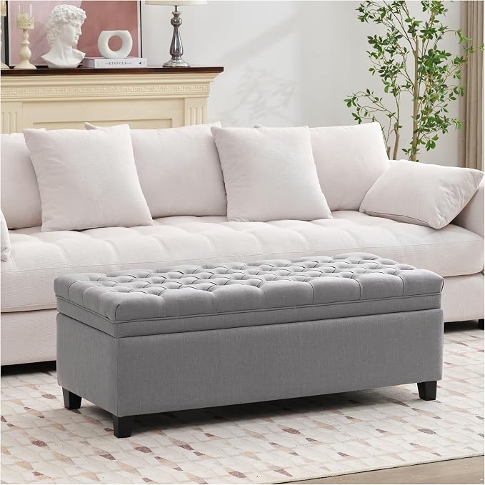 51" Storage Ottoman for Bedroom & Living Room, End of Bed Bench with Black Wooden Legs, Linen Upholstered Tufted Ottoman, Entryway Storage Bench, Light Grey