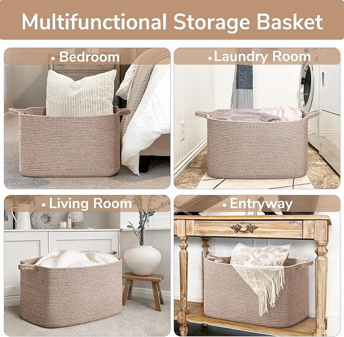 Goodpick Extra Large Woven Blanket Basket, Rectangle Storage, Brown | 85L, 23.6 x 15.7 x 13.8 in, Cotton Rope, Living Room, Bedroom & Nursery Organization, Blankets, Toys & Clothes Storage