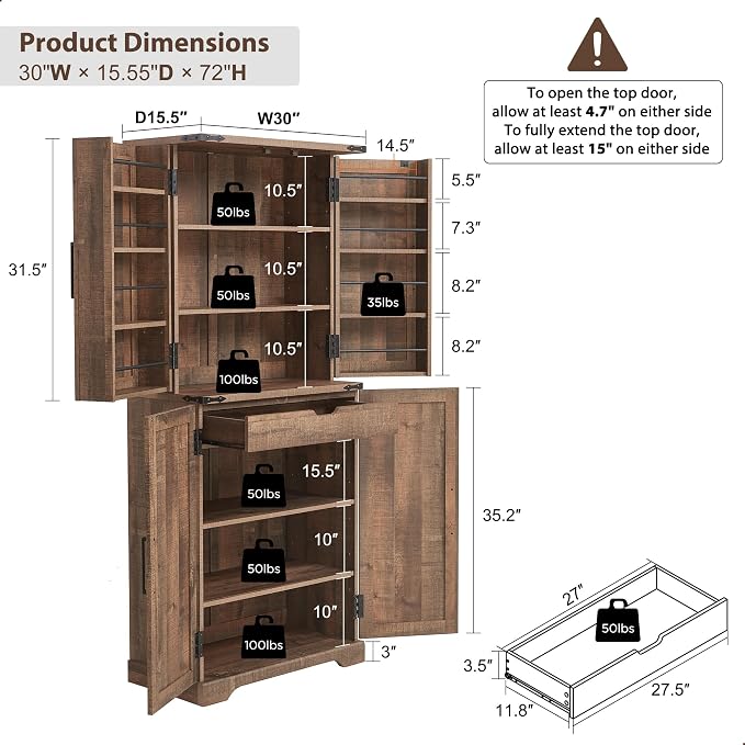 72" Tall Wooden Pantry Storage Cabinet with Door Shelves & Drawer | Farmhouse, Barn Doors, Adjustable Shelves, Freestanding, Anti-tip Kit, for Kitchen, Dining Room, Living Room