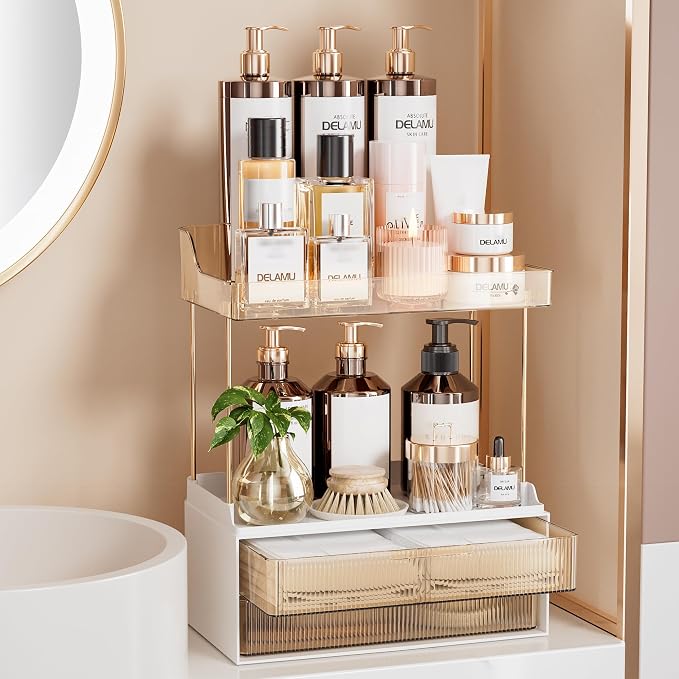 Delamu Bathroom Organizers and Storage, 2 Tier 2 Drawer Makeup Organizer Countertop, Easy to Install, Ideal for Bathroom Counter, Vanity, Ideal Gifts for Women Girls, Amber