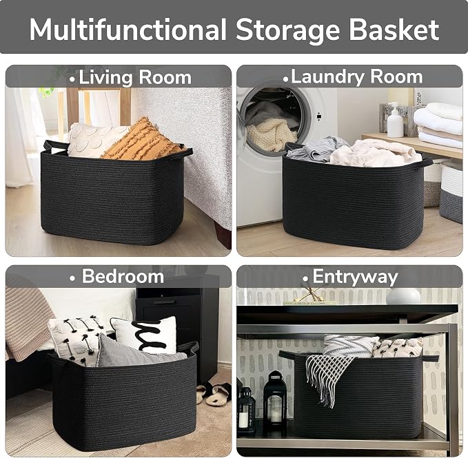 Goodpick Extra Large Cotton Rope Storage Basket with Handles, Black | 85L, 23.6 x 15.7 x 13.8 in, Rectangle, Living Room, Bedroom & Nursery Organization, Blankets, Pillows & Toys Storage