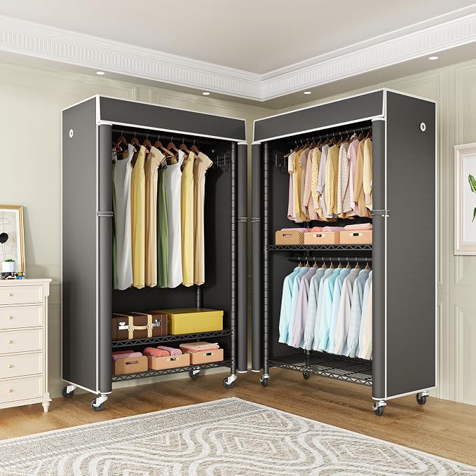Black Clothing Rack with Dark Gray Cover, P1C Rolling Closets with Wheels, Metal Garment Rack for Hanging Clothes, Clothing Storage Wardrobe, 36.2" W x 16.5" D x 80.5" H, Load 450 Pounds