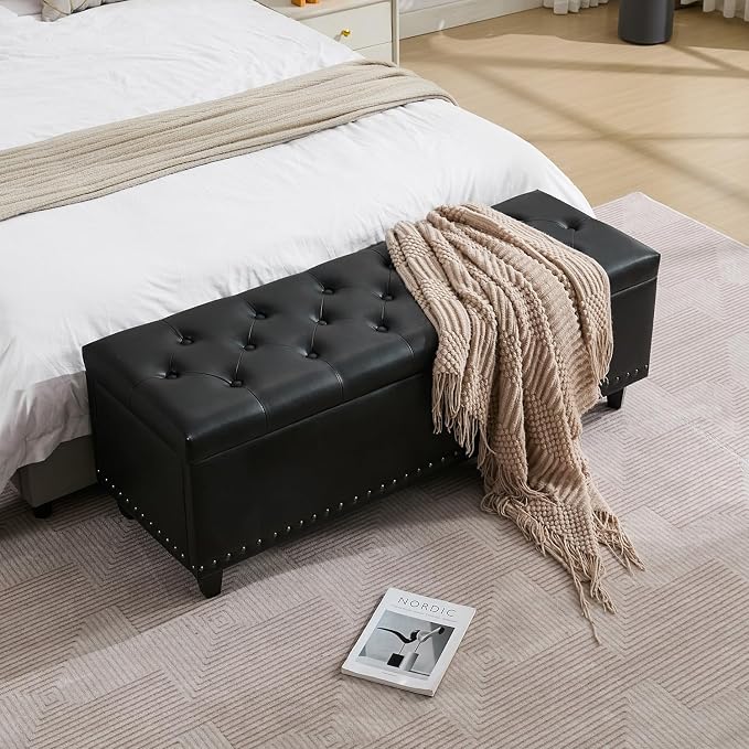 Tbfit Long Ottoman with Storage, 50.8" Faux Leather End of Bed Bench with Safety Hinge&Rivets, Entryway Benches Large Storage Ottoman Bench for Bedroom, Living Room, Holds up to 660 lb(Black)