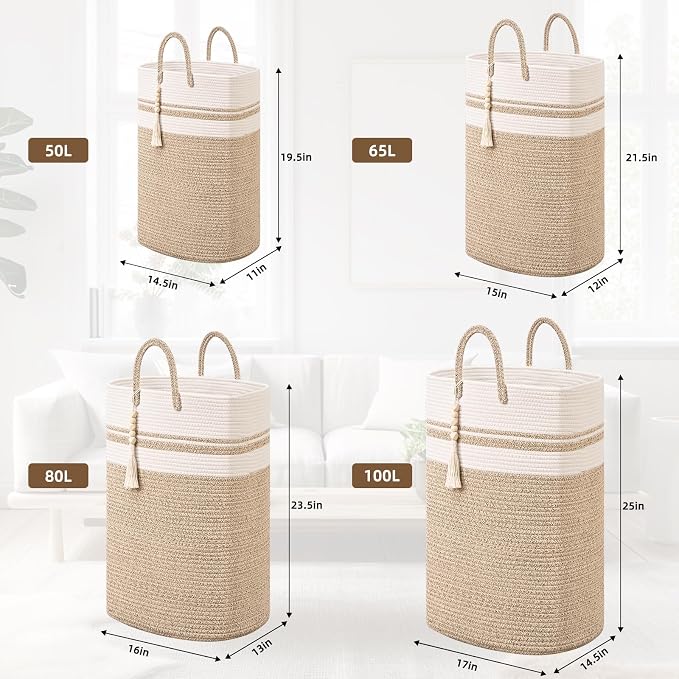 Woven Laundry Basket for Clothes, 80 L Large Rectangle Laundry Hampers with Beads Tassel, Nursery Storage Basket for Toys, Tall Dirty Clothes Hamper for Bedroom Aesthetic, Laundry Room Organization