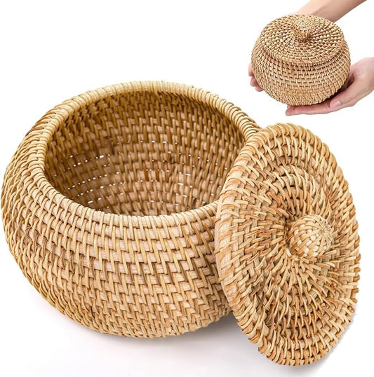 WRINGKIT Small Rattan Basket Box with Lid, Handmade Woven | Round Storage Basket, Multi-purpose Wicker Bowl, Decorative Farmhouse Basket Bin for Shelf, Home, Bathroom, Picnic