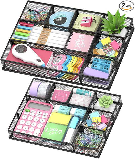 2 Pack Mesh Drawer Organizer, Metal Desk Drawer Organizer Tray with 8 Adjustable Compartments, Desk Organizers and Accessories for Office Supplies, Kitchen, Makeup & Vanity (Black)