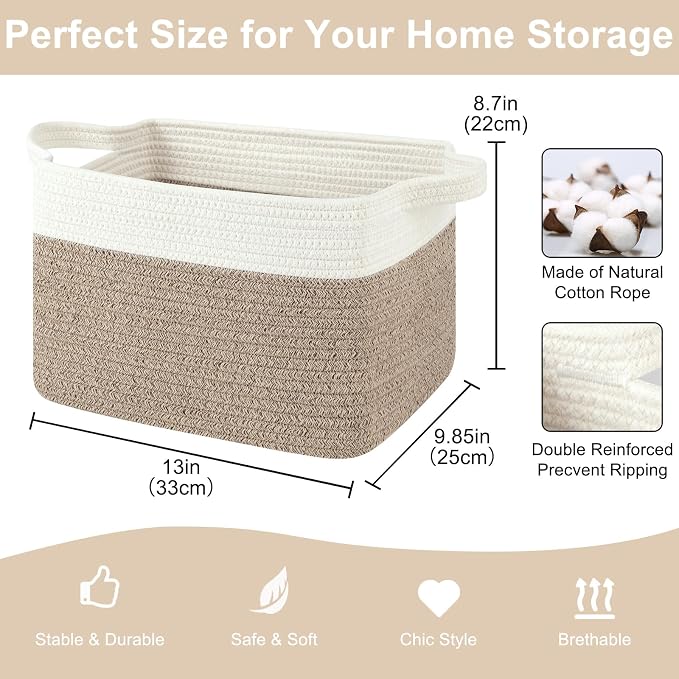 OIASKET Storage Baskets for Organizing, Woven Baskets for Shelves, Rectangle Decorative Organizer for Storage Clothes, Toy, Books, Towels Nursery Bins 3 Pack (Brown & White, 13"x9.85"x8.7")