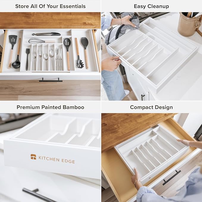KitchenEdge Silverware & Utensil Drawer Organizer, 18-33 in, White Bamboo | Cutlery, flatware, food-safe contract grade, kitchen drawer fit