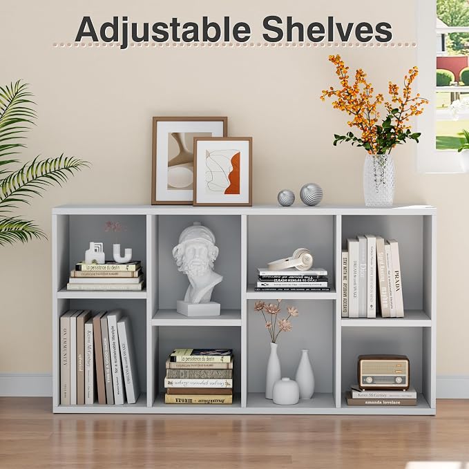 YESHOMY 8 Cube Storage Organizer, Open Frame 2-Tier Bookshelf, Organizer with Adjustable Shelves, Display Storage Bookcase for Living Room, Bedroom, Entrance Hall, Home Office, Modern White