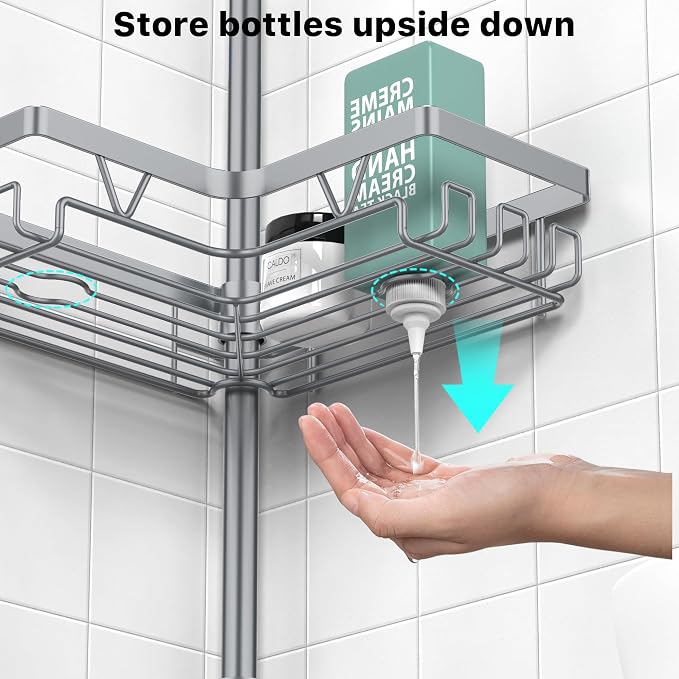KEGII Shower Caddy Tension Pole, Bathtub Organizer, Light Gray | Adjustable 25-114.2 inch Pole with 28 Hooks, Rustproof Storage Solution for Renters and Modern Bathrooms
