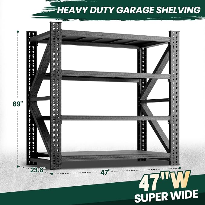 Heavy Duty Garage Storage Shelves 4000LBS Capacity, Metal Shelving Unit, 4-Tier Adjustable Industrial Rack for Warehouse Basement Shop, 47.3" W x 24" D x 69" H