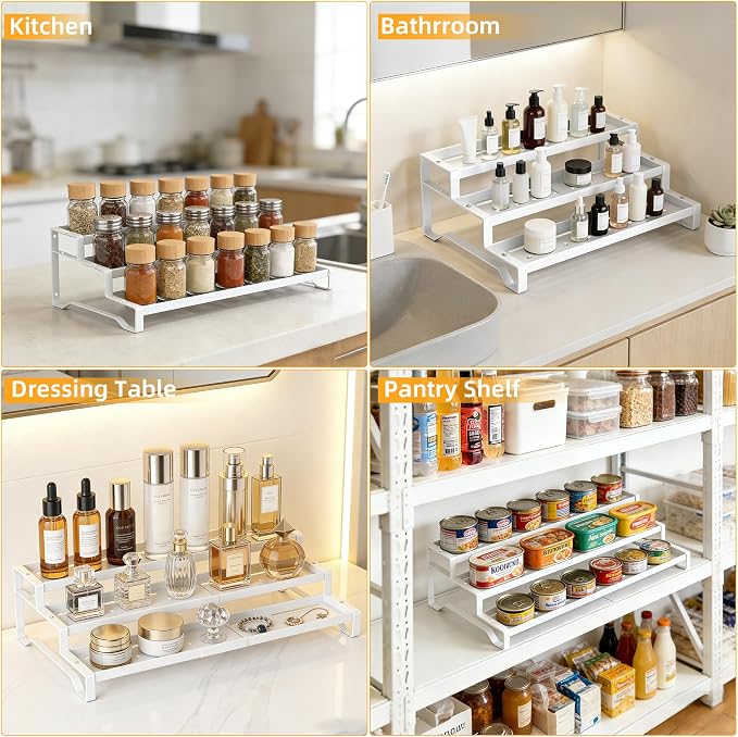 2 Pack Spice Rack Organizer for Cabinet, 13-21.5" Expandable Spicy Shelf | 9.45" Wide 3-Tier White Metal Seasoning Organizer, Kitchen Spice Organization, Slip-Resistant Guardrails for Jars and Cans