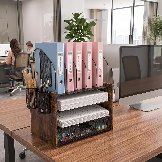 Wood Desk Organizer - 4-Tier Desktop File Organizer with Drawer, Wooden Paper Tray, Vertical File Holders & 2 Pencil Holders - Office Desk Organizer for Papers, Mail, Notebooks, Stationery