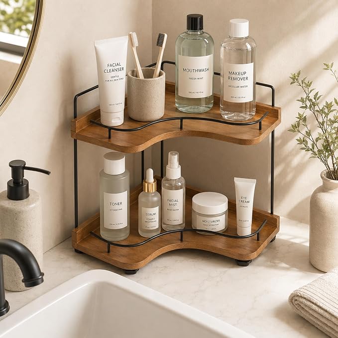 2-Tier Bathroom Counter Organizer, Solid Wood Corner Shelf for Vanity Countertop, Skincare & Makeup Storage Organizer with Metal Frame, Kitchen Counter Storage, Walnut