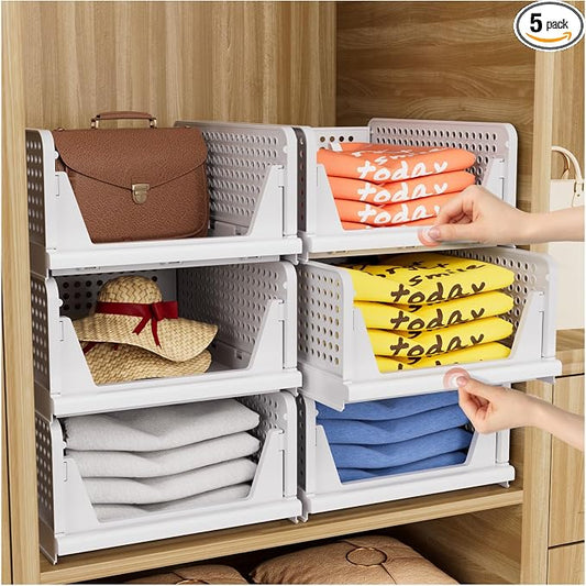 CTSNSLH 5 Pack Closet Organizers Stackable Storage Box | White Stackable Plastic Drawer Bins for Closets, Wardrobes, Kitchens, Bathrooms, Offices