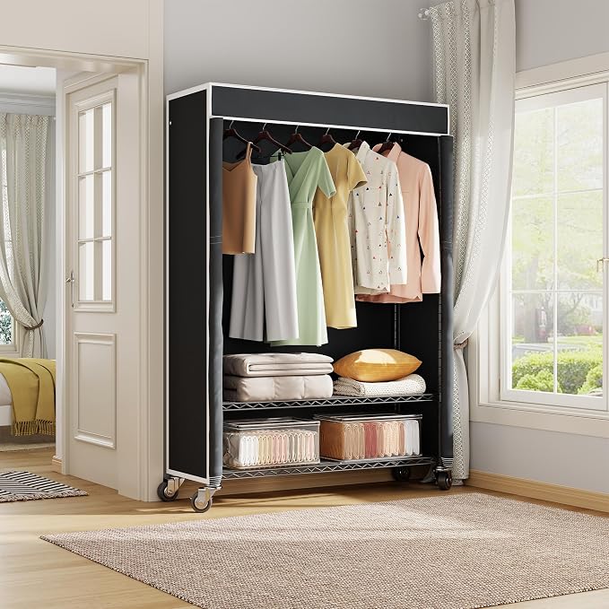 Higeego H4 Plus Rolling Clothes Rack with Cover, Black | Heavy Duty Clothing Rack with Wheels, Portable Closet for Hanging Clothes, Wardrobe Closets Rack with Black Fabric Cover