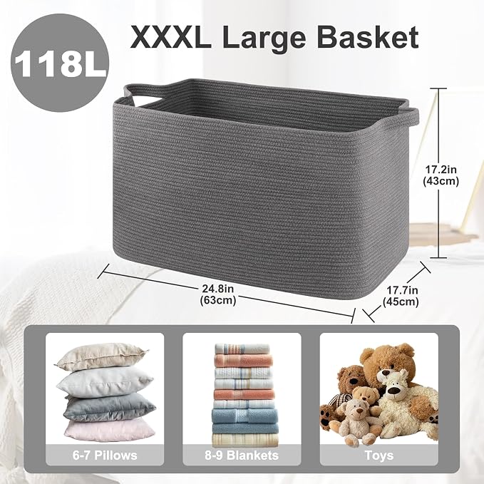 OIASKET 118L Extra Large Blanket Basket, 24.8" x 17.7" x 17.2" Woven Storage Basket for Living Room, Rectangle Nursery Blanket Storage for Toys, Towels, Dirty Clothes (Grey)