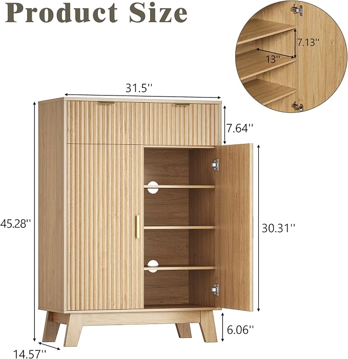 HUANLEGO Shoe Cabinet Storage for Entryway with Doors, Oak | 4 Tier Fluted Shoe Organizer with 2 Drawers, Shoe Storage with Adjustable Shelves, Freestanding Hidden Shoe Rack for Entryway