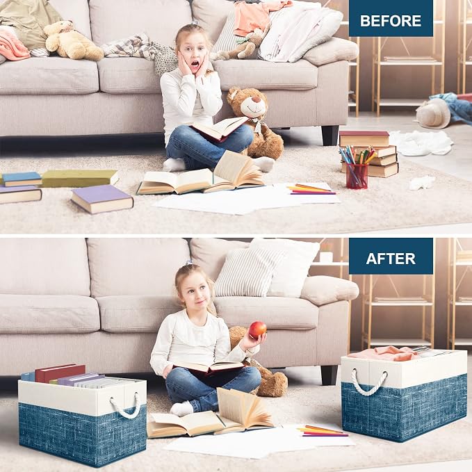 Fab totes Storage Bins 4-Pack, Foldable Storage Baskets for Organizing Toys, Books, Shelves, Closet, Large Storage Box with Rope Handles, Sturdy Organizer Bins, White & Blue